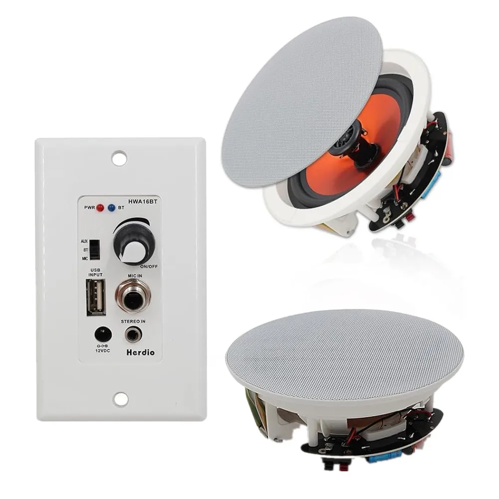 Wall Ceiling Speaker Herdio 6.5'' Bluetooth 320W Flush Mount In Wall Amplifier Receiver For Home Outdoor Porch
