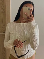Femme mode décontracté froncé à manches longues T-shirt Blouses femme blanc maigre recadrée chemise à bascule 2024 automne Y2K haut vêtements 3