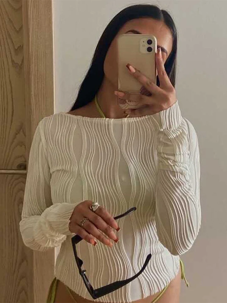Woman Fashion Casual Ruched Long Sleeve T-shirt Blouses Female White Skinny Cropped Bottoming Shirt 2024 Autumn Y2K Top Clothes 3