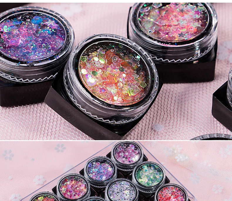 12colors Eyeshadow Glitter Gel Mermaid Sequins Heart Star Hexagon Aurora Shiny Gel Loose Sequins for Festival Party Face Makeup 4