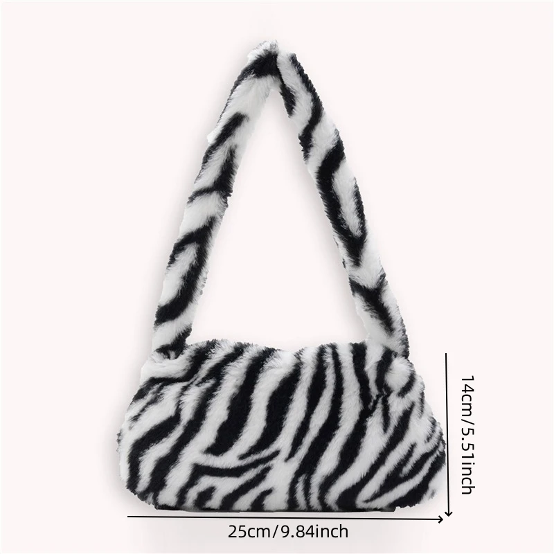 Women Cow Print Mini Shoulder Bags Female Winter Plush Underarm Bags Leopard Zebra Pattern Fluffy Tote Small Purses Shoulder Bag Ladies Handbag Underarm Bag
