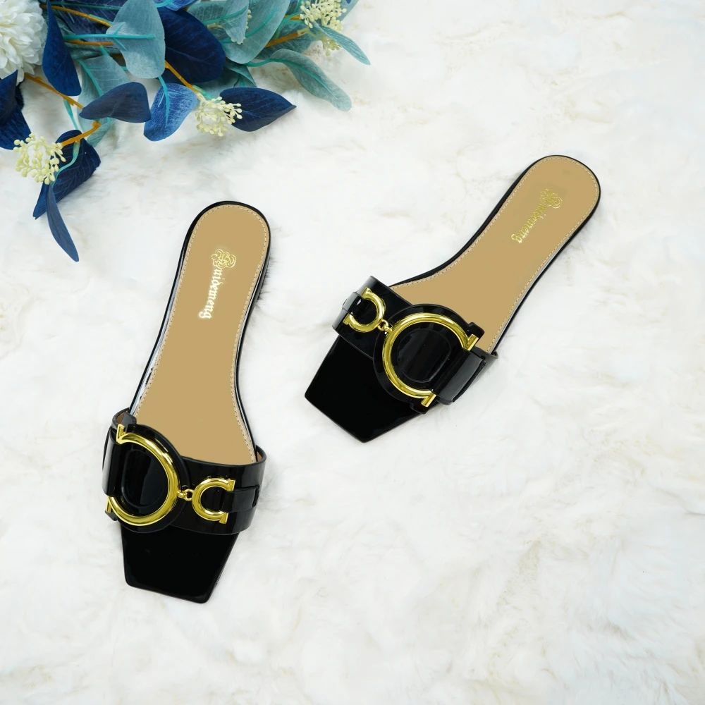 Plus size 35-44 leather slippers women's luxury party shoes square toe fishmouth shoes outdoor beach flip-flops in summer