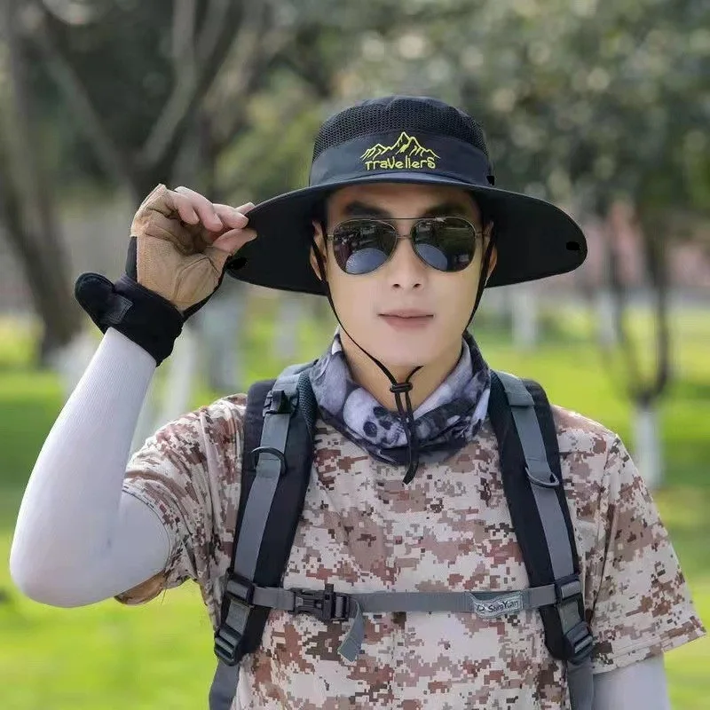 남성용 어부 모자, 여름 메쉬 얇은 버킷 모자, 야외 캠핑 등산 스포츠 선바이저 캡, 대형 챙 파나마 캡