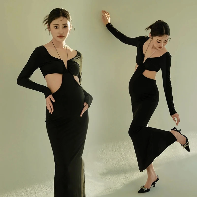 

New Hollow Pregnant Photography Prop Dress Baby Shower Slim Halterneck Style Black Female Sexy Maternity Dresses For Photoshoot