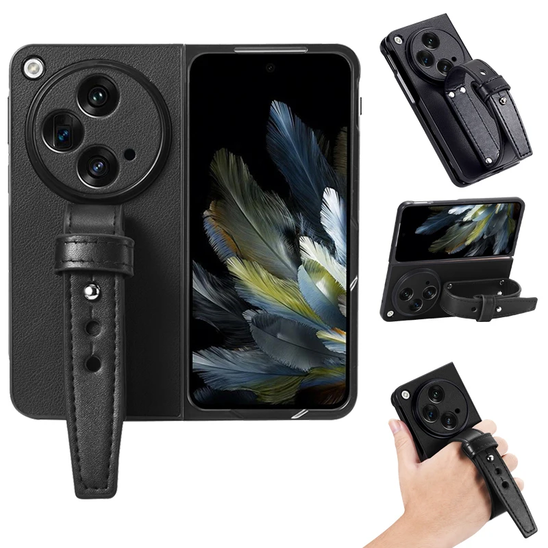 

for Oppo Find N3 N 3 Case Leather Luxury Wristband Bracket Stand Holder Hard PC Frame Cute Sport Lanyard Phone Cover OppoFindN3