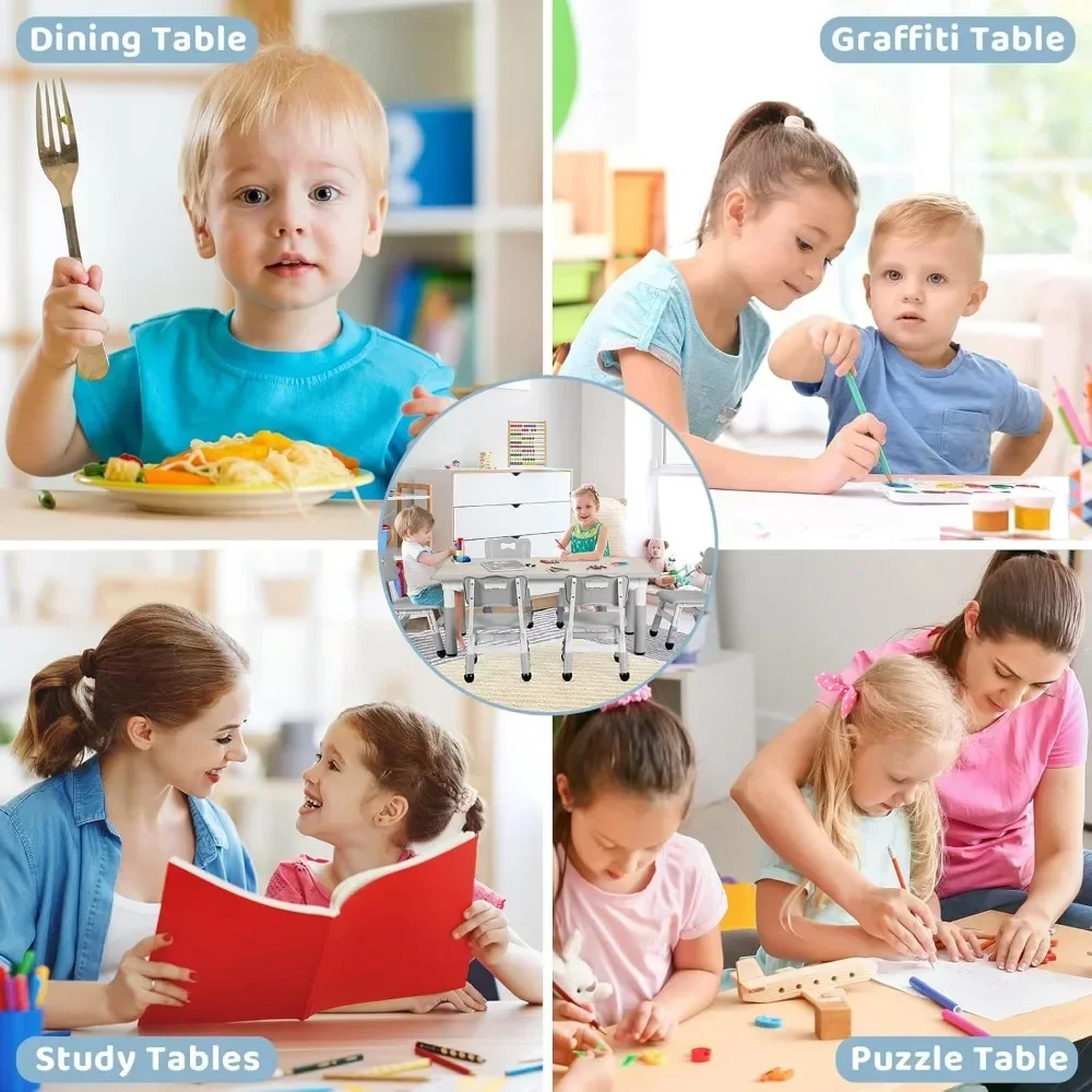 Kids Study Table and 6 Chairs Set, Height Adjustable Graffiti Table, Preschool Activity Art Craft Table for 6, Multifunctional 5