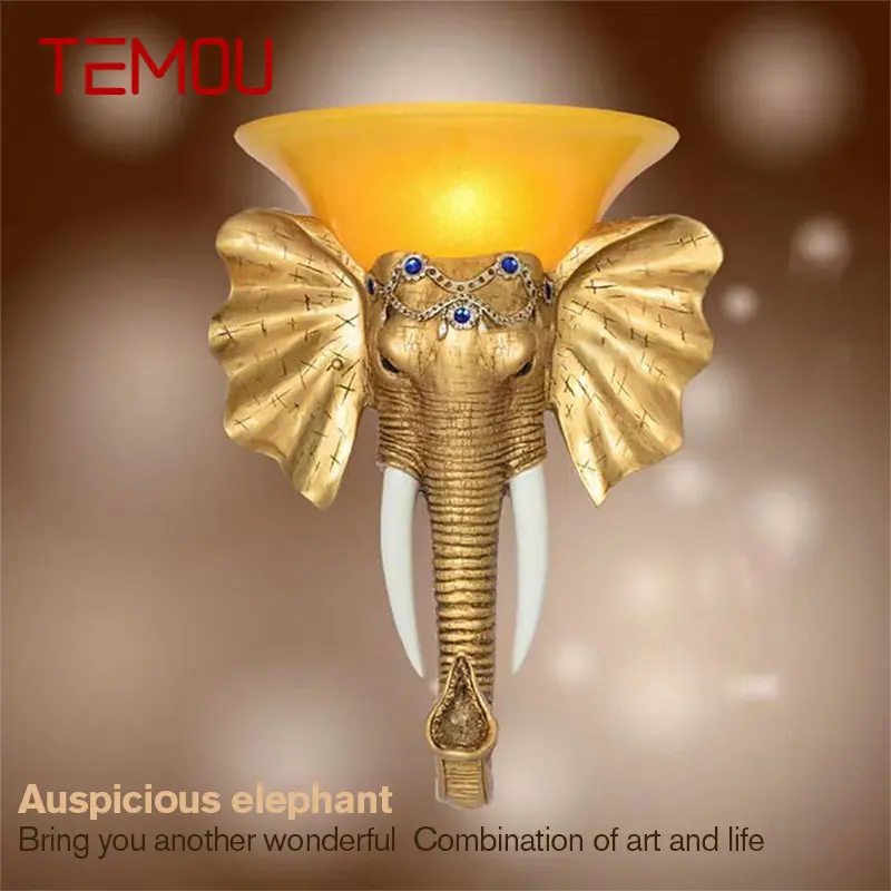 TEMOU 현대 코끼리 벽 램프, 인테리어 LED 크리에이티브 유럽 수지 골드 스콘스 조명, 가정 거실 복도용