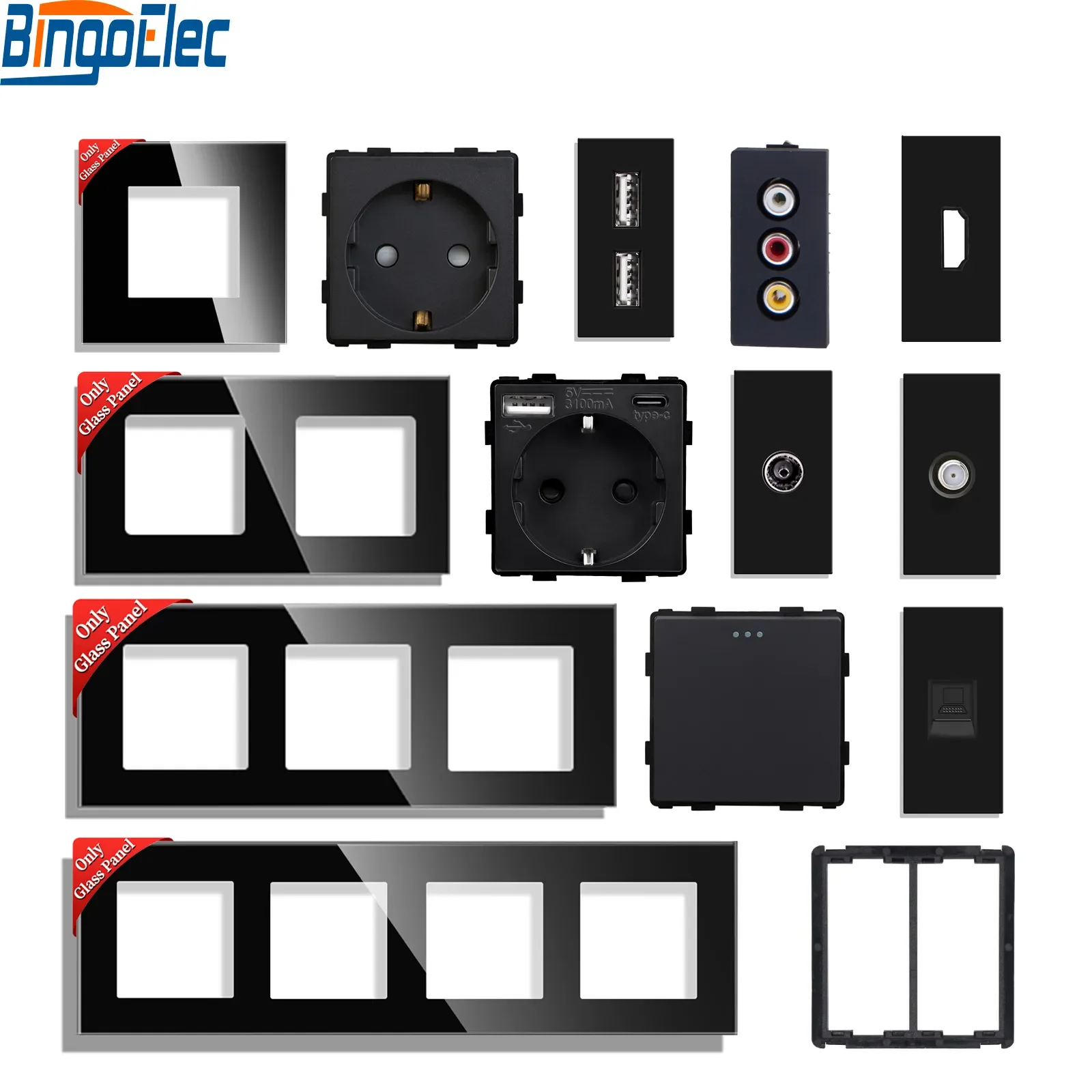 ซ็อกเก็ตผนังมาตรฐาน EU พร้อม USB Type-C RJ45พีซี CAT5ทีวี/เซนต์ชิ้นส่วนซ็อกเก็ต HDMI ปุ่มกลสวิตช์กรอบซ็อกเก็ตแก้ว 1