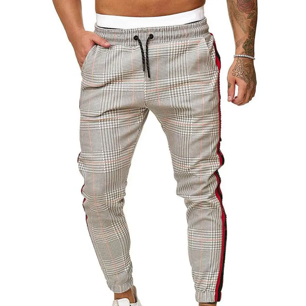 

Pocket Men Long Long Pants Drawstring Casual Pants Stripe Plaid Print Pants Ankle-Tied Trousers