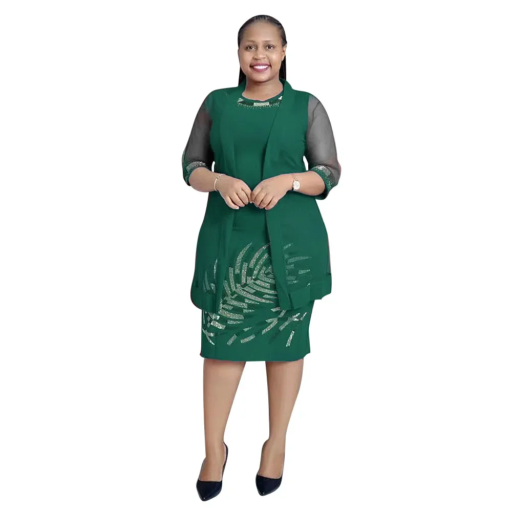 

African Dresses for Women Autumn Elegant African Sleeveless O-neck Green Pink Navy Blue Wedding Party Dress With Coat L-3XL