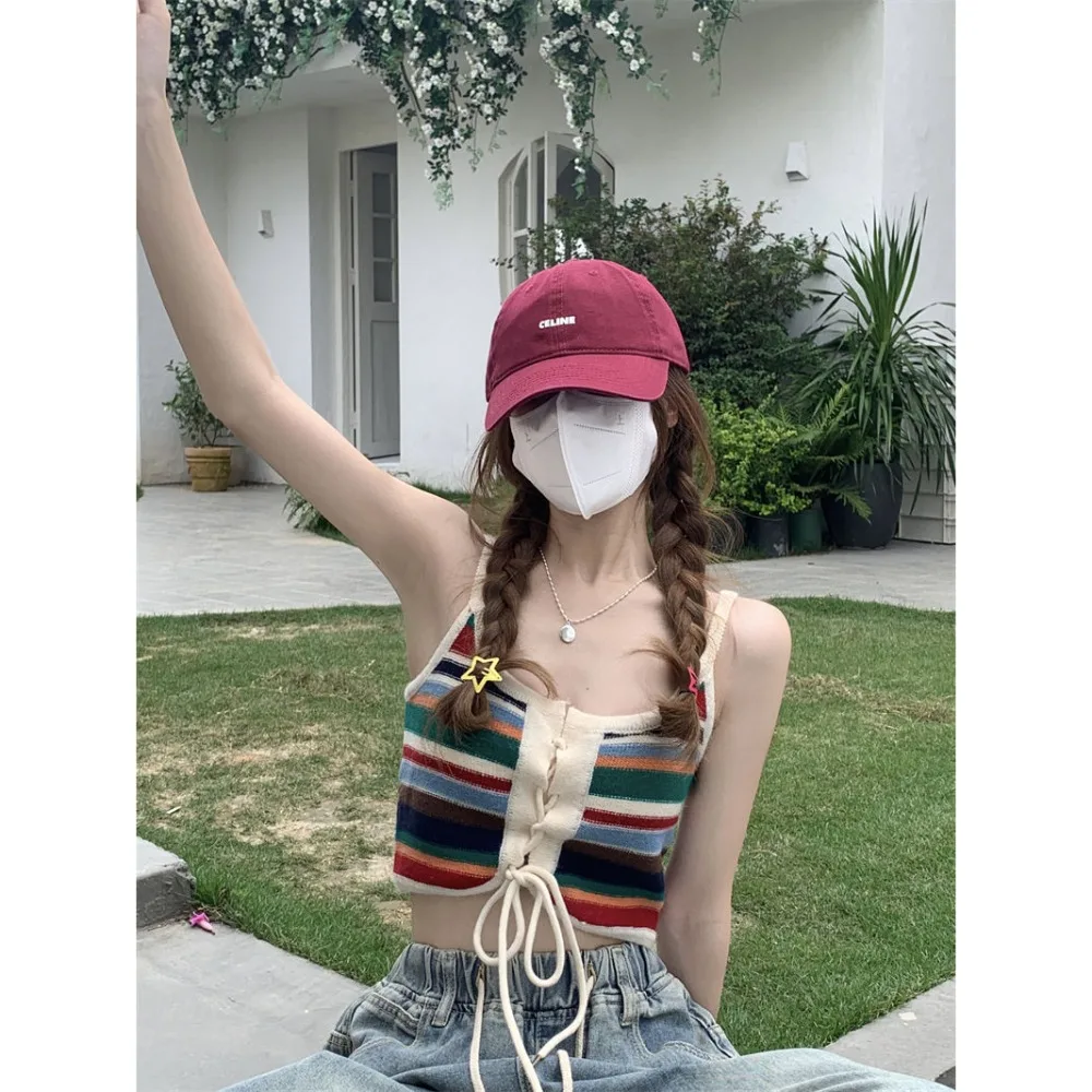 

Летняя майка в радужную полоску в стиле ретро, модная трендовая майка Спайс для девушек без рукавов, повседневный милый укороченный топ, уличный Топ