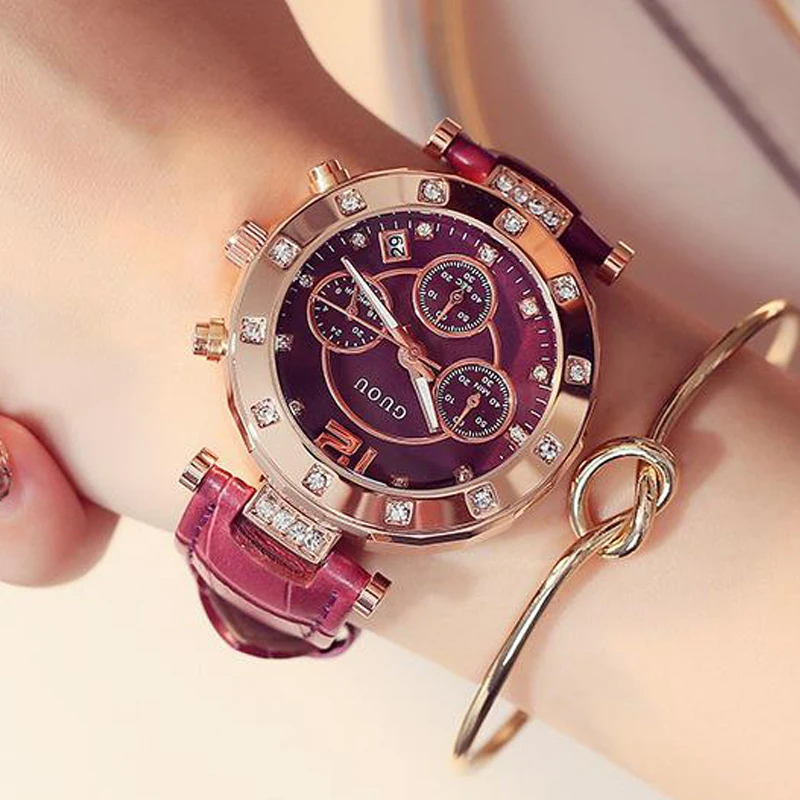

Top Quality Brand Luxury Lady Clocks Rhinestone Real Leather Casual Women's Gift Dress Rose Gold Watches Quartz Relogio Feminino