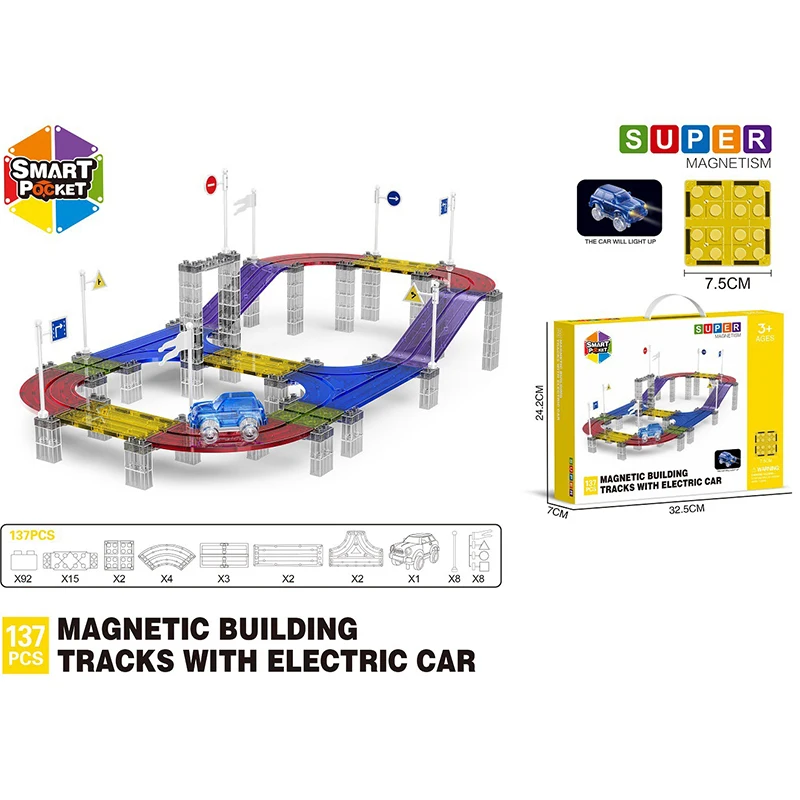 Magnetic Building Blocks Magnetic Tiles Road Car Boys Toys Building Blocks Electric Rail Car Construction Game STEM Activity Playset Montessori Kids Toys