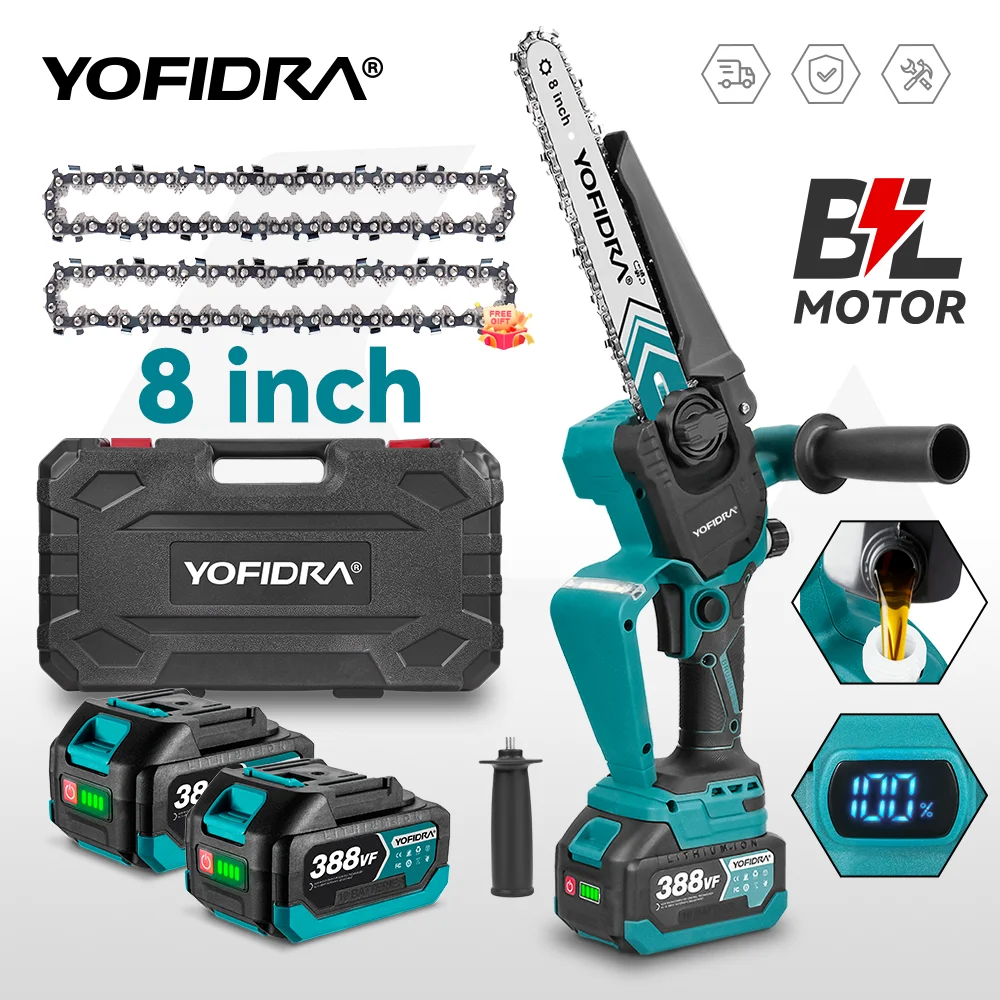 YOFIDRA Serra Elétrica Brushless 8 Polegadas Sem Fio Marcenaria Poda Jardim Corte Ferramenta Elétrica Compatível com Bateria Makita 18V Pino