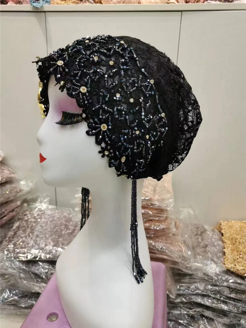 

202310-yimani tassel Gorgeous beading Malaysia hand stitched crystal Muslim Bride Lace flower Hijabs Cap women hat
