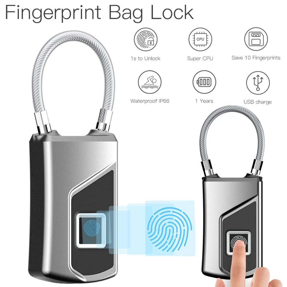 

Smart Fingerprint Lock Keyless Padlock Backpack Waterproof USB Rechargeable Smart Security Locker Home Dormitory Door Lock