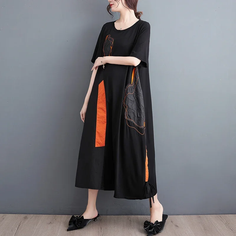Folklore lace day dress ブラック　半袖 Kaftan Tie Dye Long Dress Shibori Black White Floral Pattern