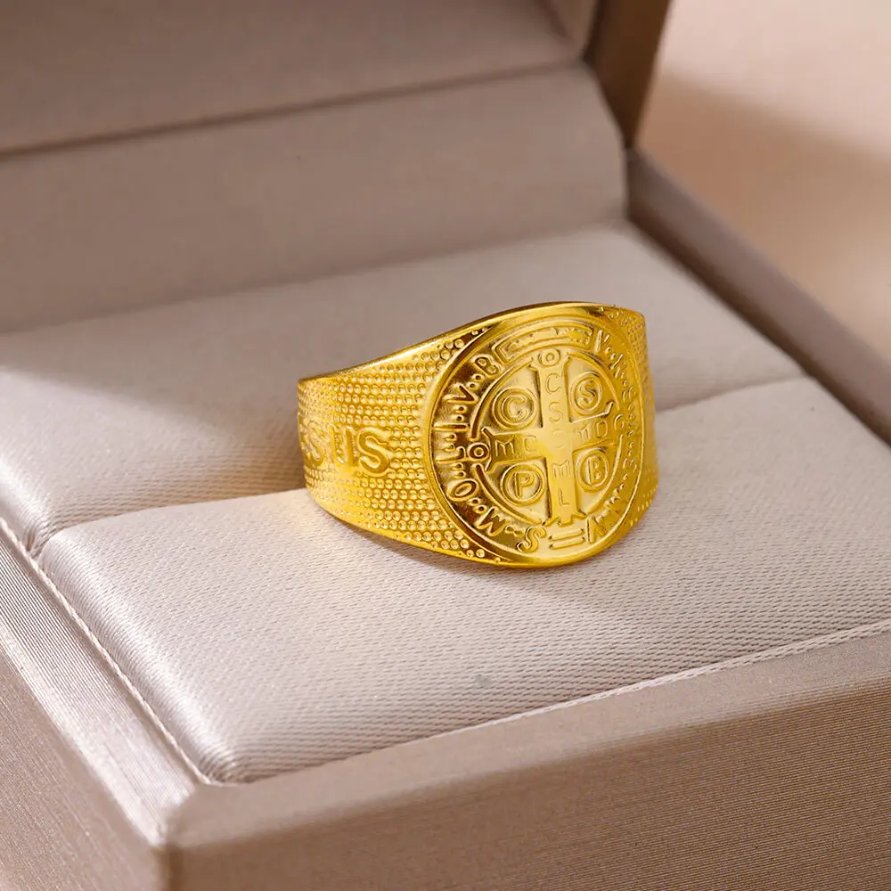 Stainless Steel Cross Rings Engraved Gold Plated Finger Ring Women 18k