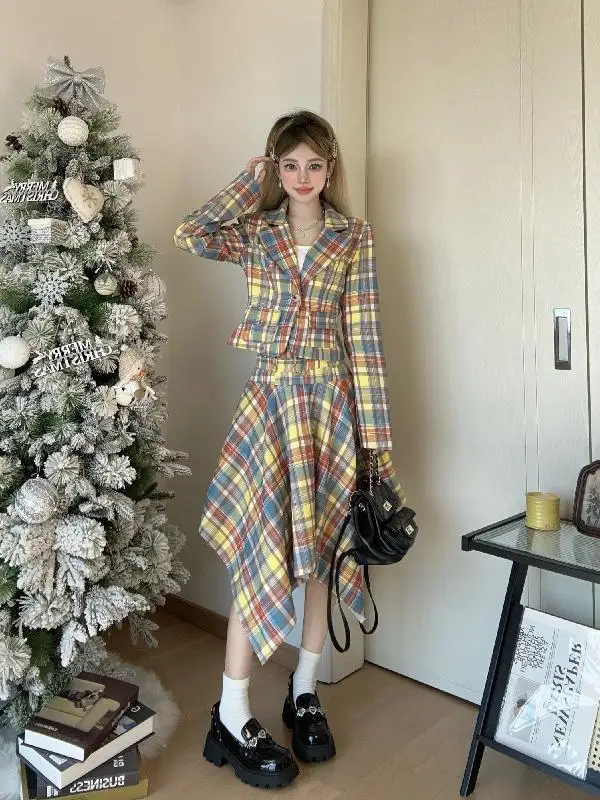 

Academy Style Suit Skirt 2024 Spring And Summer New Plaid Waistband Suit Jacket Irregular Hem Half Skirt Two-Piece Set Splicing