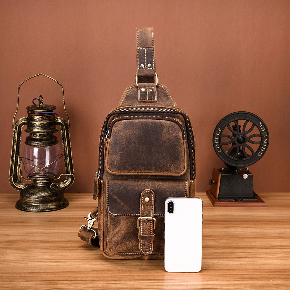 

Guimiaray 11"Vintage Men's Leather Large capacity Sling Bag multifunction crossbody bag