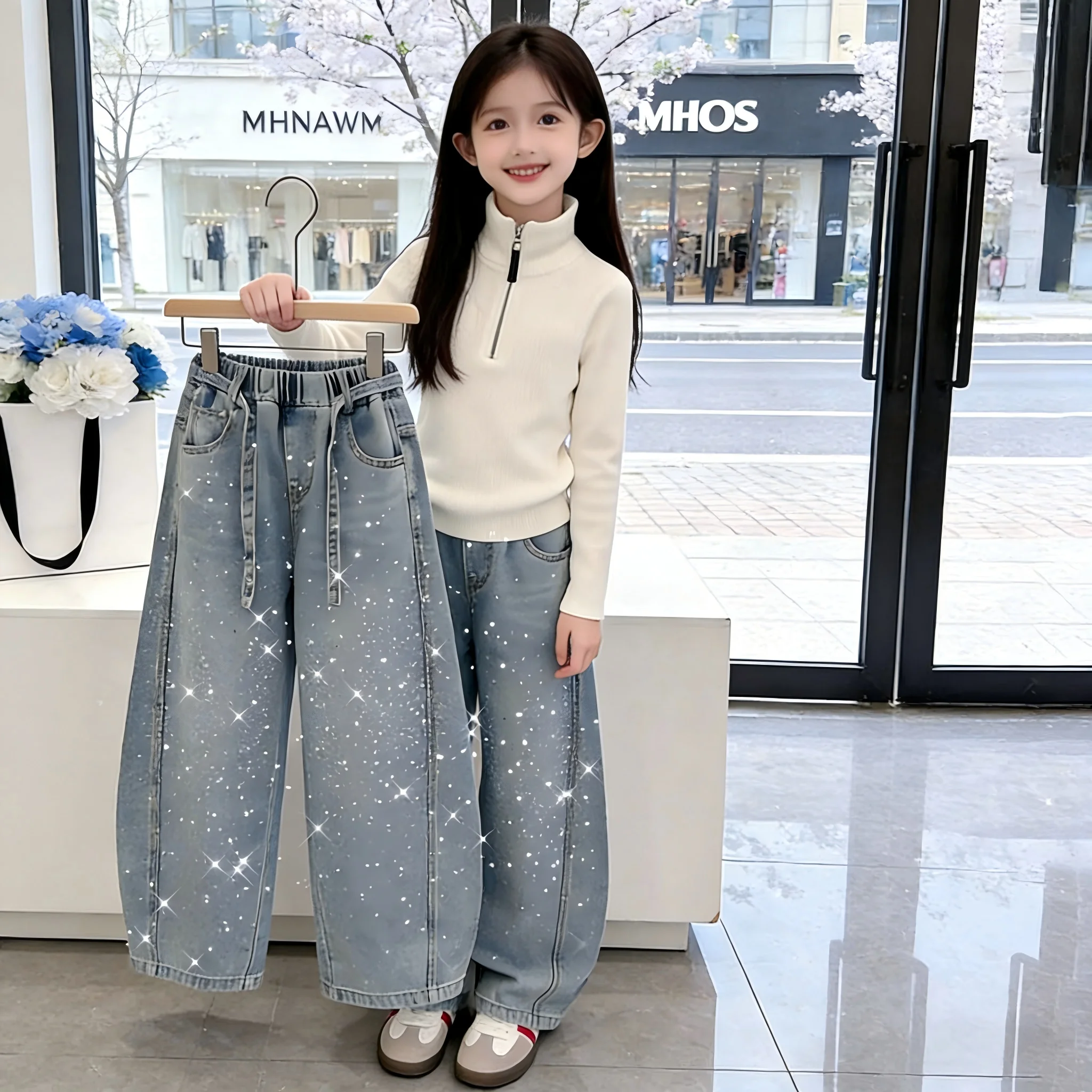 2026 신상품 여아 와이드 레그 진 데님 블루 핫픽스 라인스톤 키즈 팬츠 5-16세