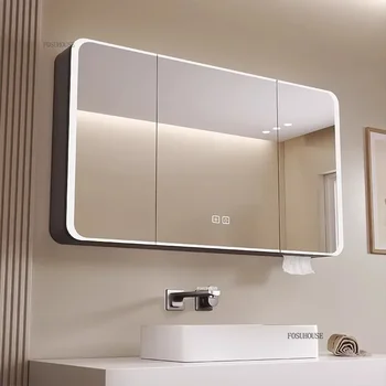 Armadi da bagno in alluminio Nordic Space Armadietto a specchio curvo montato a parete Armadi portaoggetti moderni intelligenti per mobili da bagno 1