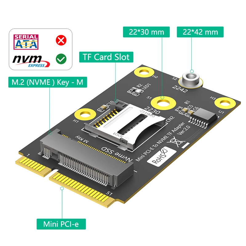 미니 PCIE to M.2 NVMe Key-M SSD 어댑터 카드 라이저 (TF 카드 슬롯 포함) 2230 2242 M.2 NVME SSD 컨버터 (노트북/데스크탑용)