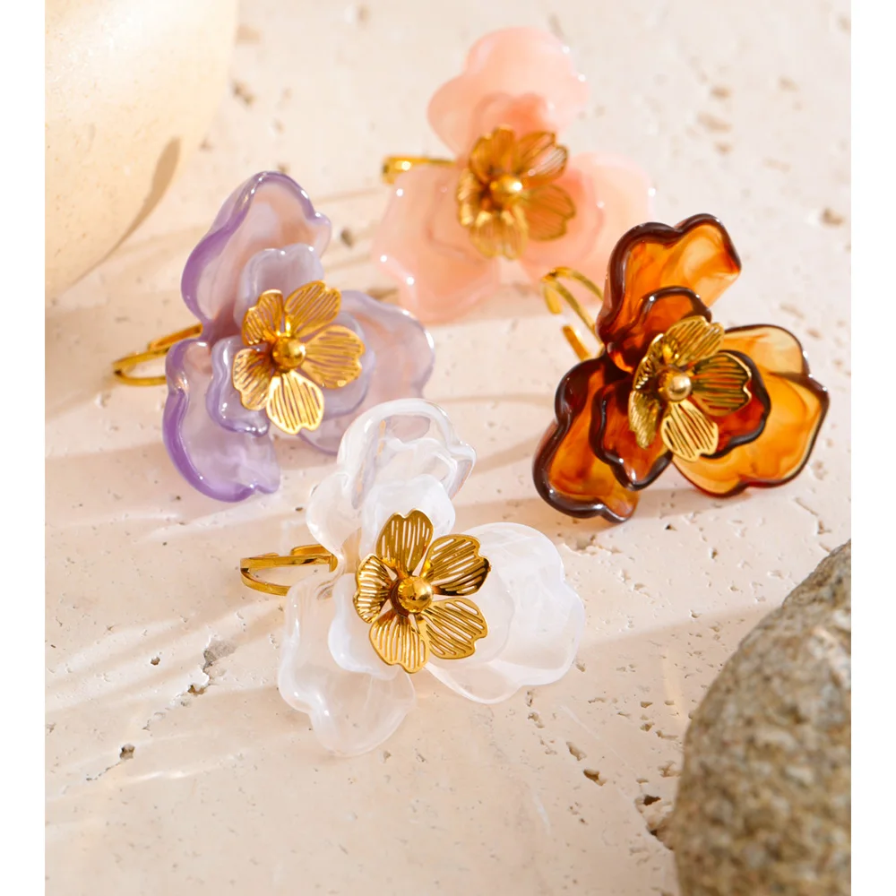 Yhpup Stainless Steel Resin Flower Adjustable Finger Ring