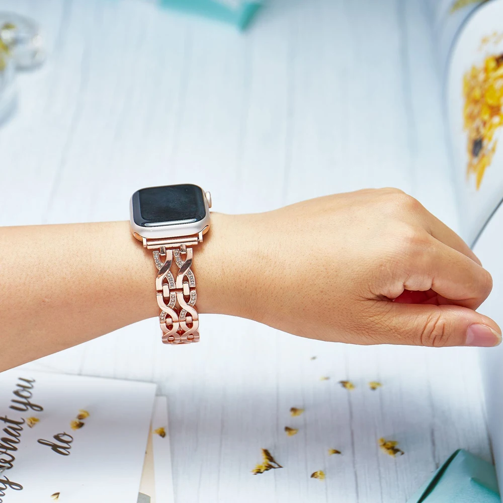 Women Diamond Bracelet Strap Metal Belt Watch Band for Apple Watch Ultra 2 49/45/44/42/41/40/38mm Iwatch Series 8 7 SE 6 5 4 3