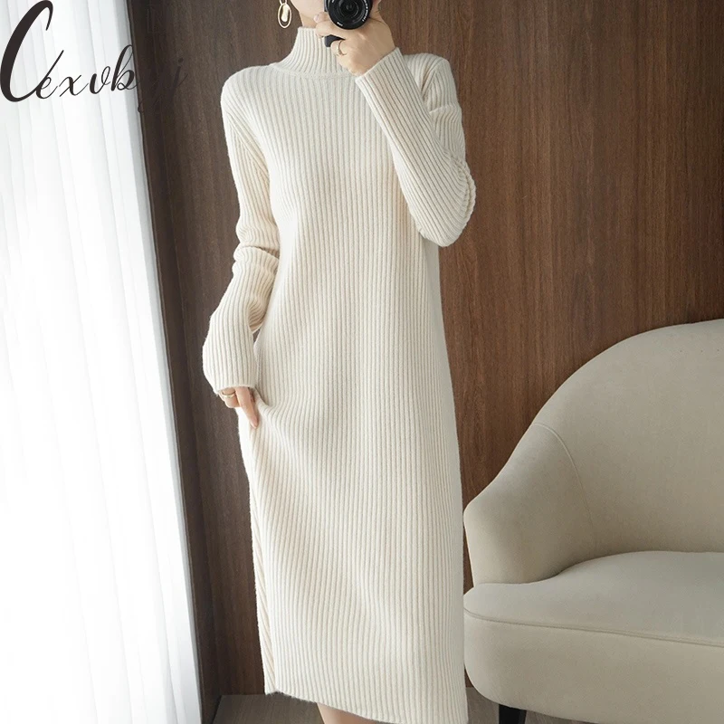 

Casual Knitted Dress Women Solid Colors Half High Collar Bodycon Dress Ladies Vintage Long Sleeve Maxi Sweater Dress Plus Size