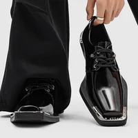 Metal Square Toe Derby Shoes Fashionable Thick Soled Lace Up Design Upturned Toe Thick Heel Trendy Men's Casual Leather Shoes