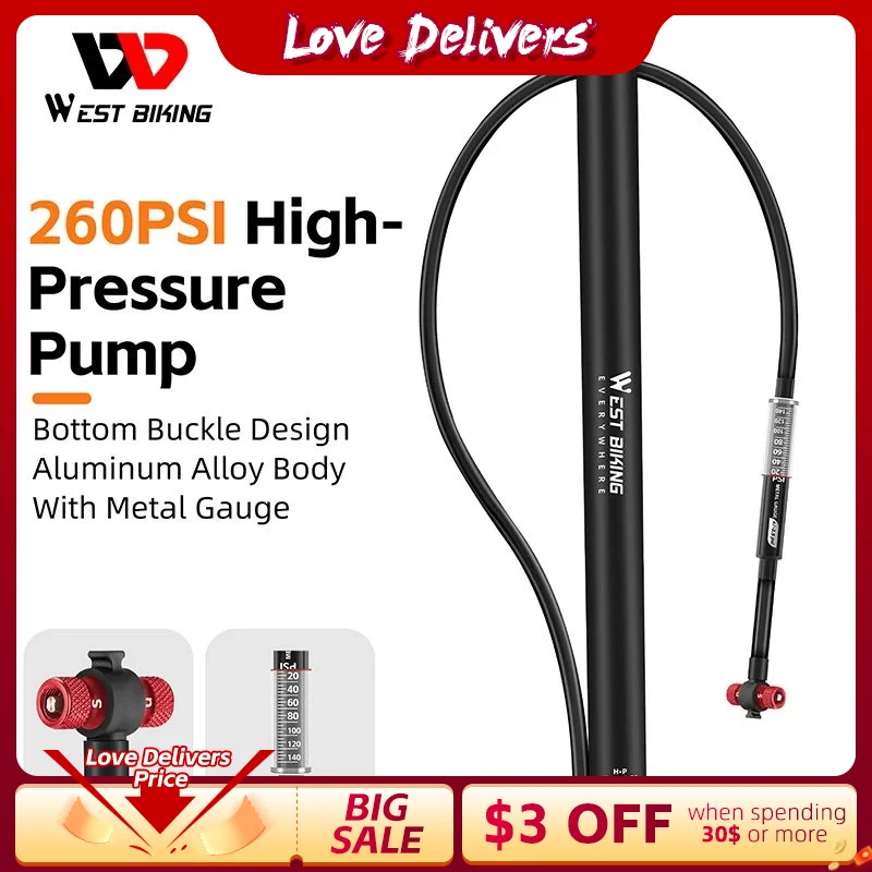 

WEST BIKING Bike Bicycle Pump With Gauge 260psi High Pressure Schrader Presta Valve Air Pump for Bike Cycling Tire Inflator MTB