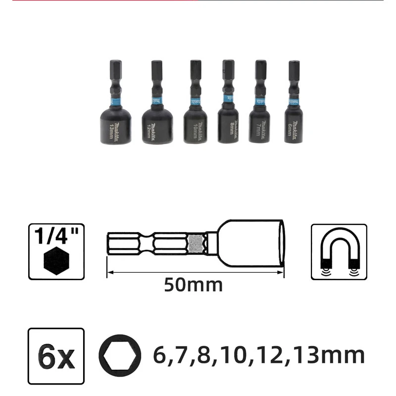 Makita E-18035 Black Impact Magnetic Socket 6X 1/4" Hexagonal Shank Hex Nut Length 50MM 6-13MM Screwdriver Adapter 4