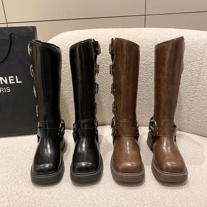 Women's Brown Pure Leather Over-the-Knee Punk Knight Style Retro Motorcycle Boots