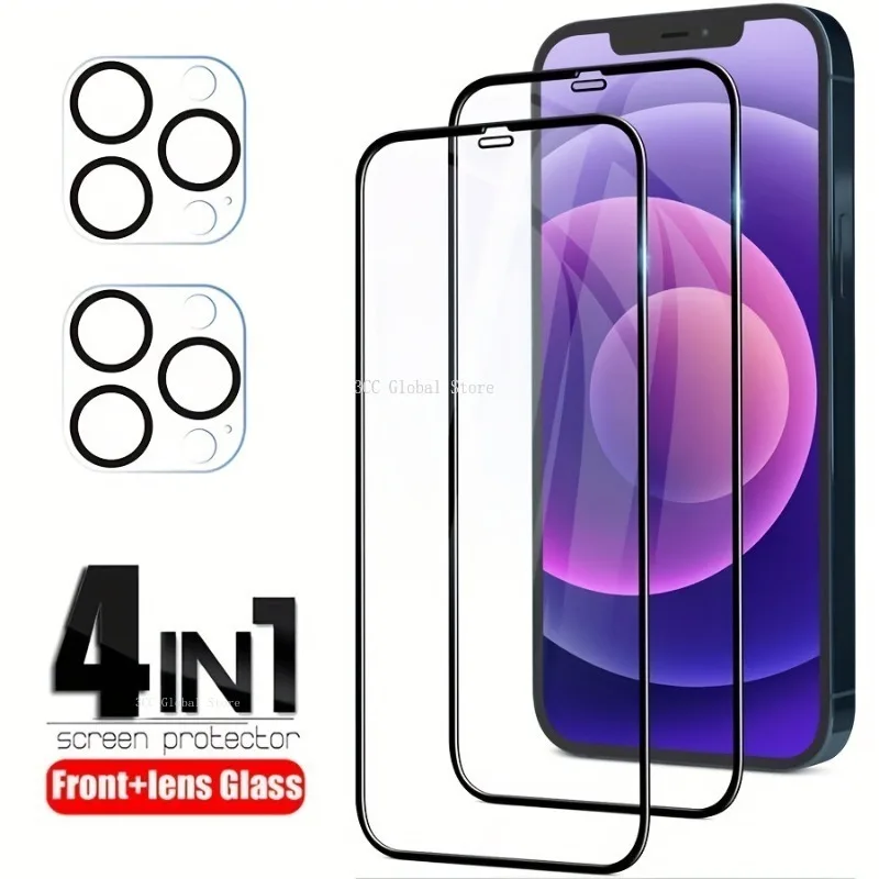

2Pack Full Cover Screen Protector Film + 2Pack Camera Lens Film Glass For IPhone 11 Pro Max 12 13 Mini 14 Pro Max 15 Ultra Glass