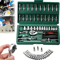 46Pcs Family Tools 1/4 Inch Drive Socket Set, Metric & SAE Hex Bit Sockets with Ratchet Wrench for Auto Repair & Household Tools