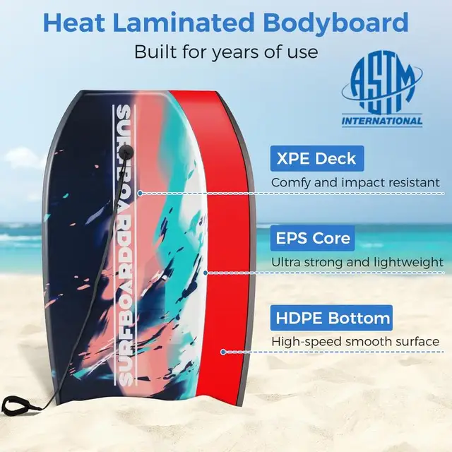 Lightweight Body Board Boogie Board with EPS Core XPE Deck HDPE Bottom Multicolor2-L