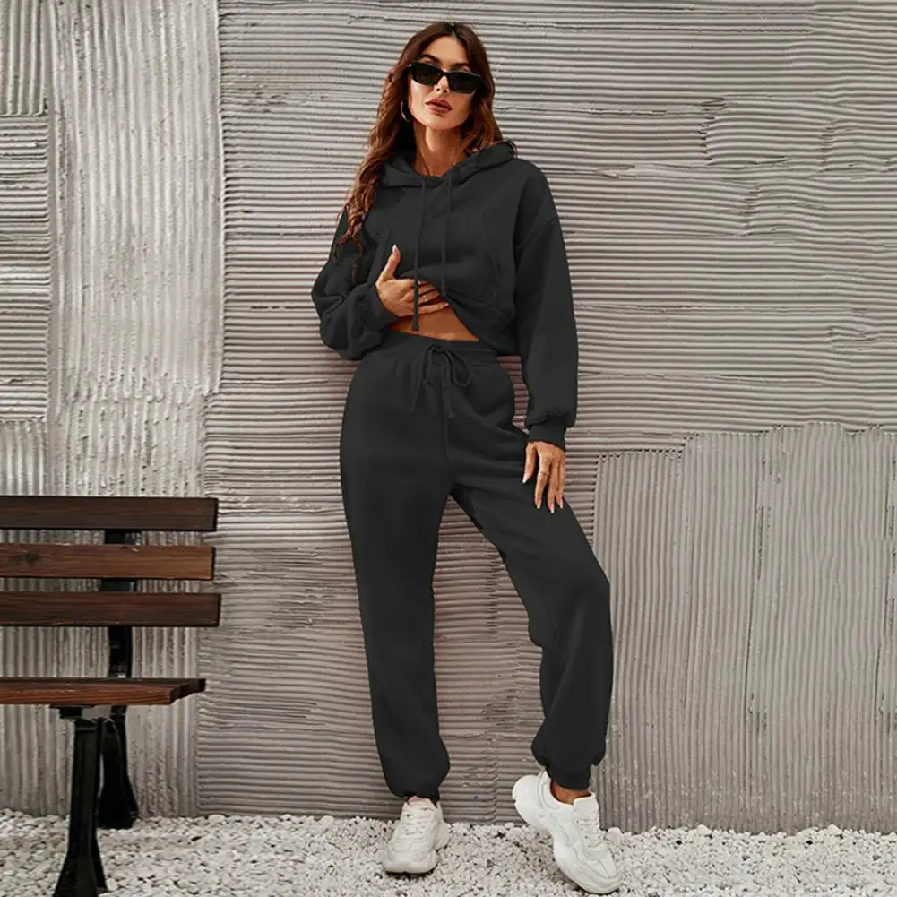 

2Pcs/Set Drawstring Elastic Waist Pockets Casual Outfit Women Autumn Winter Hooded Cropped Sweatshirt High Waist Pants Set