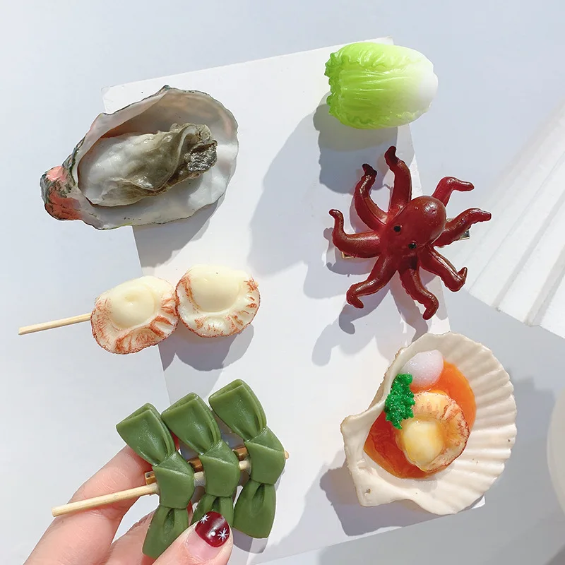 Fun Simulation Food Hairpin Salted Fish Food Play Side Clips Vegetables Oysters Skewers Haircards Hair Clip Hair Card Headdress