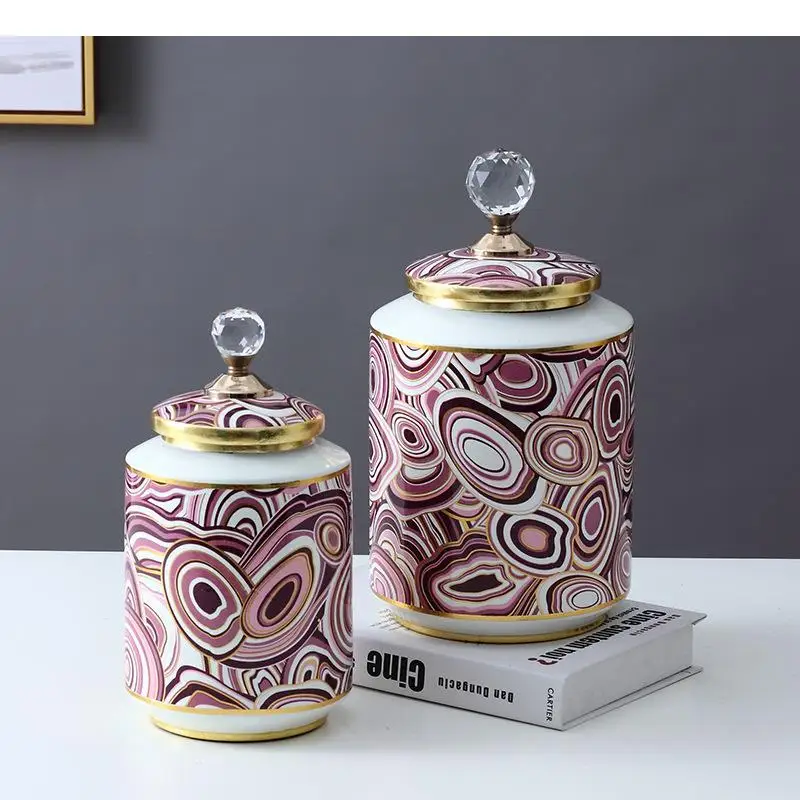 

Purple Circle Painted Ceramic Storage Jars with Lids Crystal Cover Jar Tea Caddy Desk Decoration Porcelain Flower Arrangement