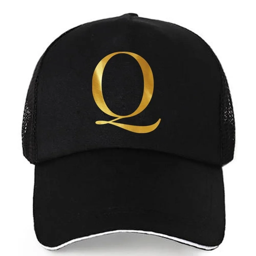 1pc AmaBe Hip-Hop Baseball Cap with Golden Letter Print, Adjustable Hook & Loop Closure, Breathable Mesh Back, Lightweight Stret