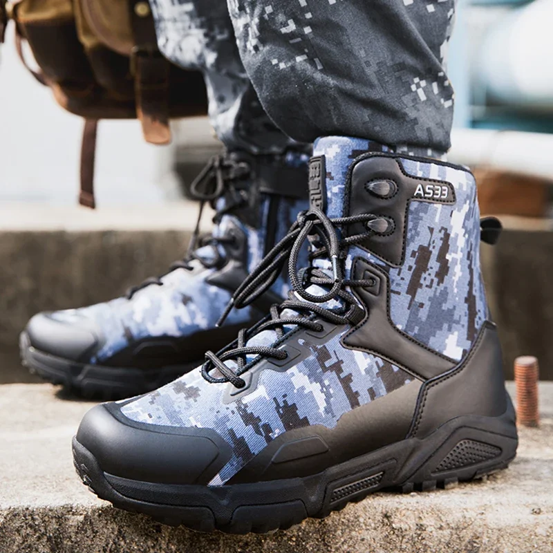 

Camouflage Blue Military Boots Men Desert Combat Boots Outdoor Field Training High Top Tactical Boots Jungle Training Army Boots