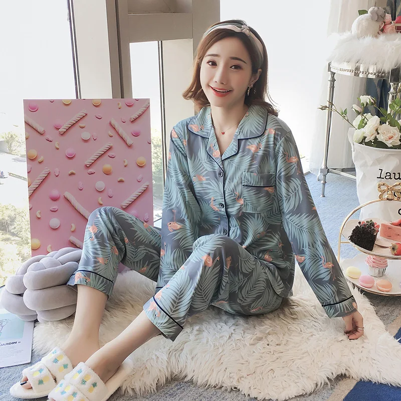 Women Two Pieces Spring and Summer Cardigan Pajamas Long-Sleeved Pants Ladies Cartoon Cute Floral Casual Simple Homewear 2