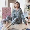 Women Two Pieces Spring and Summer Cardigan Pajamas Long-Sleeved Pants Ladies Cartoon Cute Floral Casual Simple Homewear 2