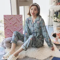 Women Two Pieces Spring and Summer Cardigan Pajamas Long-Sleeved Pants Ladies Cartoon Cute Floral Casual Simple Homewear 2