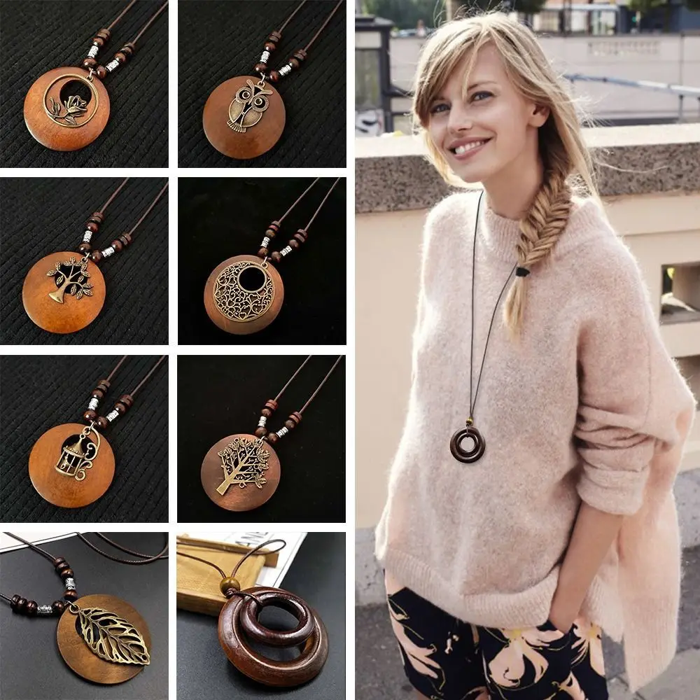 Vintage Wooden Owl Pendant Necklace - Ethnic Long Chain Jewelry