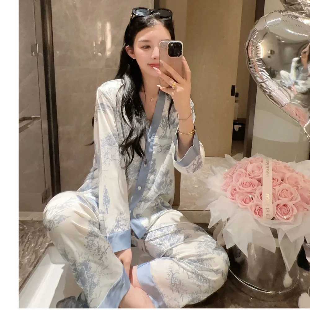 Lisacmvpnel 인쇄 패션 여성 잠옷 얼음 실크 잠옷 긴 소매 정장 잠옷