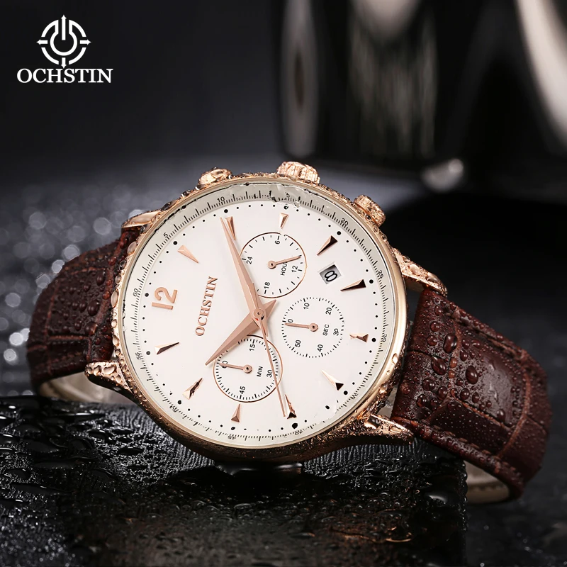 Ochstin Prominente Series Multifunction Quartz Movement Leather Strap Business Luxury Mens Quartz Clock