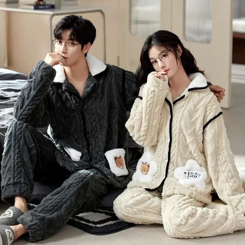 2024 New Sleepwear Couples Autumn and Winter Sleepwear Coral Plush Plush Thickened Loungewear Men Women's Hooded Homewear Set