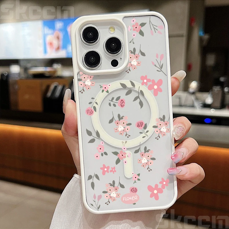 Pink Flower Transparent Shockproof Phone Case with Magnetic Wireless Charging Capability